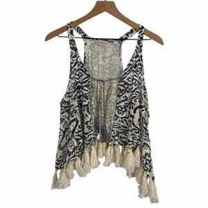 Women’s Blue Block Print Lace Cropped Vest Tassels Medium Festival Boho Concert